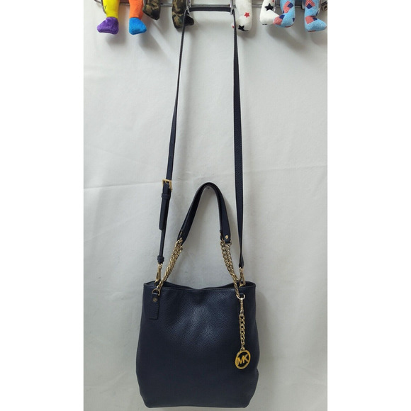 Michael Kors Blue Pebbled Leather Chain Strap Tote Shoulder Crossbody Bag - Picture 3 of 16